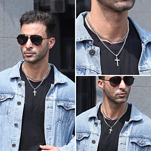 Zocomi Cross Necklace for Men Boys, Stainless Steel Layered Cuban Link Herringbone Chain Cross Pendant Christian Fashion Jewelry Gifts 16-24 Inches - color: Silver, size: 18inch/20inch, style: Cuban+Cuban