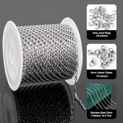 UMAOKANG 16.4 Feet Stainless Steel Jewelry Chain Roll Delicate Link Chain on Spool Women Necklace DIY Chains Bulk - color: Link Silver