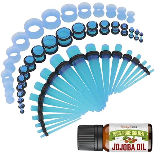 BodyJ4You 54PC Ear Stretching Kit 14G-12mm - Aftercare Jojoba Oil - Acrylic Plugs Gauge Tapers Silicone Tunnels - Lightweight Expanders Men Women - color: Transparent Aqua