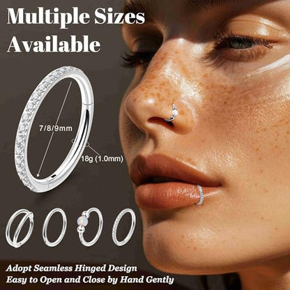 4PCS 18G 20G Surgical Steel Nose Ring Hoop for Women Men Hinged Double Nose Hoop CZ Opal Clicker Septum Nose Hoops Cartilage Conch Tragus Rook Ring Lip Daith Piercing Jewelry Gold Silver 7-9MM - color: Silver, size: 18G-7mm (Relatively Small)