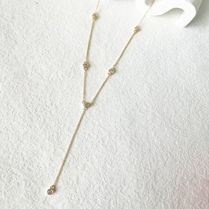 HERIER Lariat Gold Necklace for Women, Dainty Long Necklace 14k Gold Plated/Silver Y-Shaped Layered Beaded Chain Drop Necklaces for Women Trendy Simple Gold Jewelry for Women Gifts - color: Y-6CZ-Gold