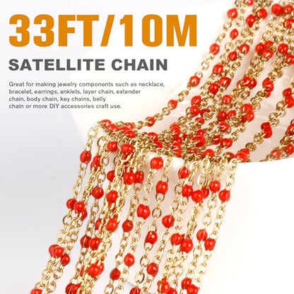 33FT 2mm Gold Cable Chains Red Enamel Chains Bulk Roll for Jewelry Making | 18K Gold PVD Plated Stainless Steel Enamel Beaded Chains Roll for Necklace Bracelet - color: Gold Red Beads