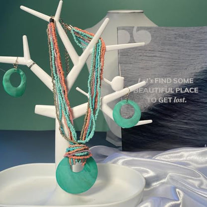 Coiris Multi Strand Statement Colorful Beaded Necklace with Big Circle Shell Pendant for Women - color: Teal
