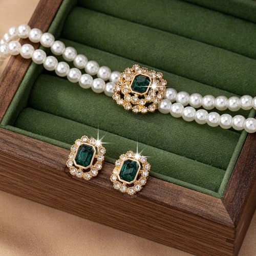 Classic Double Strand Faux Pearl Choker Necklace and Earrings Set with Crystal Accent, Elegant Jewelry for Special Occasions and Everyday Wear - color: green