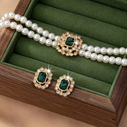 Classic Double Strand Faux Pearl Choker Necklace and Earrings Set with Crystal Accent, Elegant Jewelry for Special Occasions and Everyday Wear - color: green