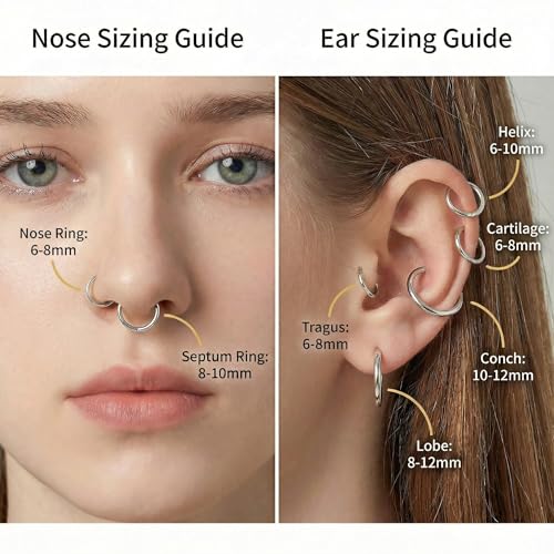 6Pairs Nose Rings Hoops - 316L Surgical Steel Hinged Nose Hoops 16G/18G/20G Clicker Septum Nose Ring Lip Helix Cartilage Hoop Earring Daith Rook Conch Body Piercing Jewelry for Women Men 6mm 7mm 8mm 9mm 10mm 12mm - color: Silver, size: 18 gauge(1mm)