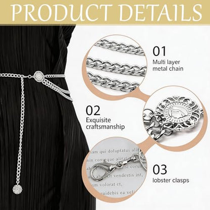 3 Pcs Gold Chain Belt for Women, Adjustable Waist Chain with Clover Butterfly Disc Pendants, Body Jewelry, Boho Belts for Women, Summer Beach Party - color: Silver