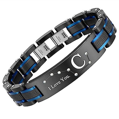 Men's Bracelet, Black and Blue Ion Stainless Steel, Initial Curved Plate, Gift for Boyfriend, Husband, Father, Comes with Gift Box - color: blue-blackC