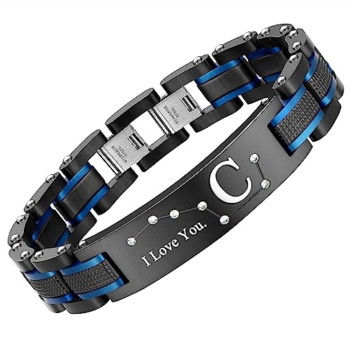 Men's Bracelet, Black and Blue Ion Stainless Steel, Initial Curved Plate, Gift for Boyfriend, Husband, Father, Comes with Gift Box - color: blue-blackC