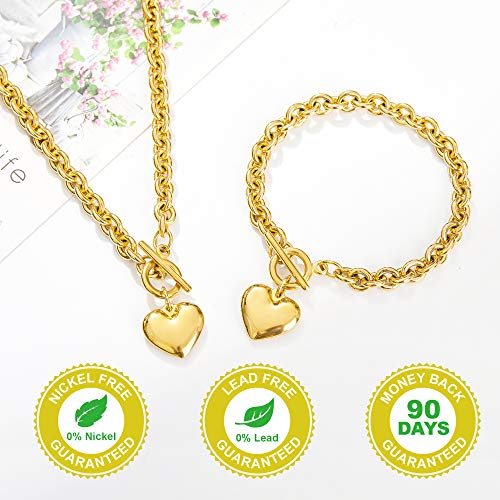 Heart Chain Necklace + Heart Bracelet for Women Girls Hearts Pendant Toggle Charm Jewelry Set Stainless Steel 18K Gold/Rose Gold Silver - color: Gold