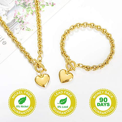 Heart Chain Necklace + Heart Bracelet for Women Girls Hearts Pendant Toggle Charm Jewelry Set Stainless Steel 18K Gold/Rose Gold Silver - color: Gold