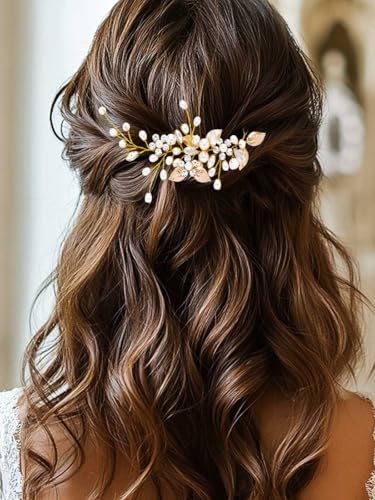 GORAIS Bride Wedding Hair Vine Pearl Bridal Headpieces Leaf Hair Accessories for Women and Girls - color: c-gold