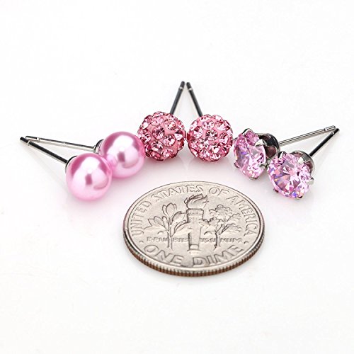 JewelrieShop Birthstone Studs Earring Set Cubic Zirconia Rhinestones Crystal Ball Faux Pearl Stainless Steel Stud Earrings for Women Jewelry Gift (6mm Round,3 Pairs) - color: 10) Oct. - Pink