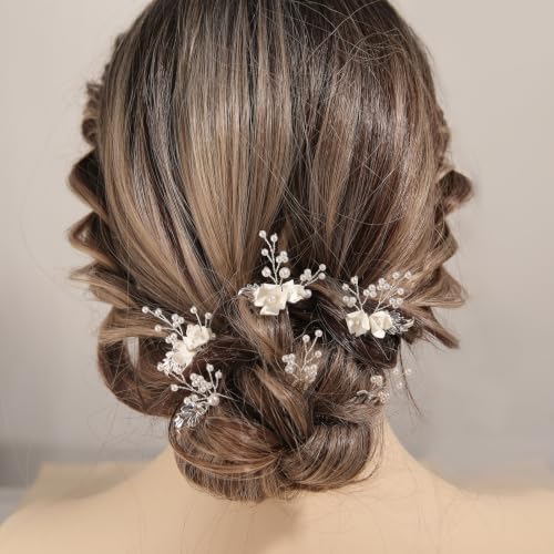 Handmade Pearl Bridal Hair Pins Wedding Hair Accessories for Women Brides Bridesmaid - color: Silver/Pearl White Flower