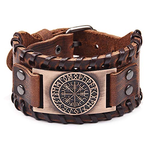 GelConnie Viking Bracelet Punk Leather Cuff Bracelet Gothic Leather Wristband Bracelet with Nordic Amulet Scandinavian Talisman Celtic Pagan Jewelry - color: Brown Compass