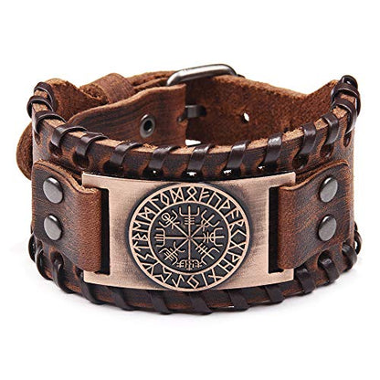 GelConnie Viking Bracelet Punk Leather Cuff Bracelet Gothic Leather Wristband Bracelet with Nordic Amulet Scandinavian Talisman Celtic Pagan Jewelry - color: Brown Compass