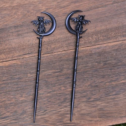 2PCS Retro Moon Crescent Hair Sticks For Women Black Metal Cat Witch Halloween Hair Accessories Hair Styling Pins (ZRTL20) - color: ZRTL20
