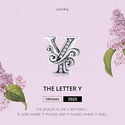 BISAER 925 Sterling Silver Initial Letter A-Z Charms for Bracelets Alphabet Beads Charm Jewelry Gifts - color: Letter Y