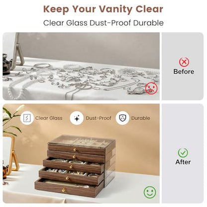 Wooden Jewelry Box for Women, 5-Layer Jewelry Organizers and Storage with 5 Drawers & Velvet Trays, Large Earring Holder, Necklace Ring Travel Case, Gift Box for Drawer, Wood - size: 5-Layer