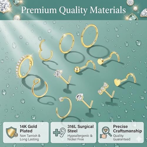 20G Nose Rings Hoops And Studs For Women Men, 12PCS Hypoallergenic Stainless Steel Nose Hoops Dainty Non Tarnish Nose Hoop Set, L Shaped CZ Nose Stud Piercing Jewelry Gold/Sliver - color: 20G-Gold