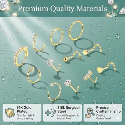 20G Nose Rings Hoops And Studs For Women Men, 12PCS Hypoallergenic Stainless Steel Nose Hoops Dainty Non Tarnish Nose Hoop Set, L Shaped CZ Nose Stud Piercing Jewelry Gold/Sliver - color: 20G-Gold