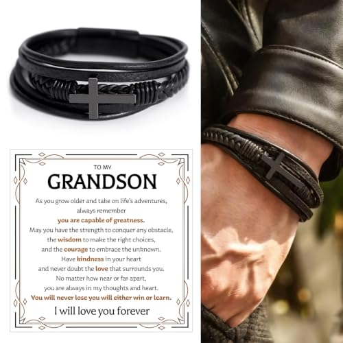 To My GrandSon Bracelet – Cross Braided Leather Bracelet, Meaningful GrandSon Gift from Grandpa & Grandma with Heartfelt Message Card & Elegant Gift Box for Birthday, Christmas, Graduation - color: Version#7