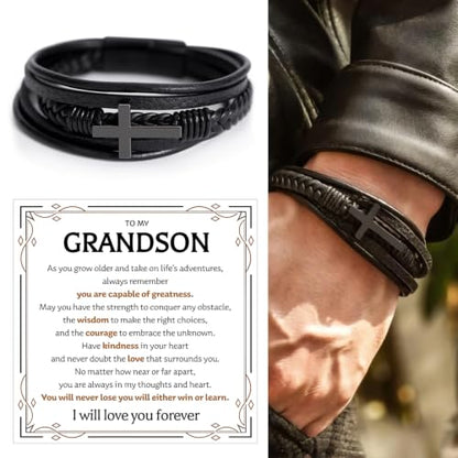 To My GrandSon Bracelet – Cross Braided Leather Bracelet, Meaningful GrandSon Gift from Grandpa & Grandma with Heartfelt Message Card & Elegant Gift Box for Birthday, Christmas, Graduation - color: Version#7
