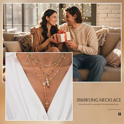 Layered Cross Necklace Set for Women, Layered Choker Necklaces Trendy Jewelry, Colorful Enamel Beaded Y-Shaped Lariat Necklace, Boho Multilayer Cross Necklace for Party and Daily Wear - color: Gold-10