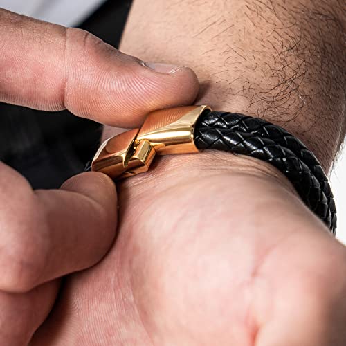 SERASAR Premium Leather Bracelet Men | Stainless Steel Magnetic Clasp | Three Colors | Jewelry Box Included - color: Gold, size: 17cm, style: Double