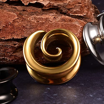 2PCS Spiral Saddle Ear Tunnels Plugs 316 Stainless Steel Ear Gauges Hypoallergenic Earrings Expander Stretcher Piercing Body Jewelry - color: Gold, size: 8mm(0G)