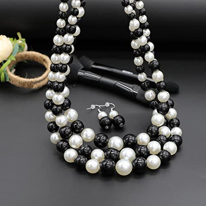 Chunky Layered Imitation Pearl Necklace for Women 3 strand Pearl Necklaces Faux Pearl Necklace Earrings Set 1920s Flapper Gatsby Costume Accessories - color: 3 strand pearl necklace black white