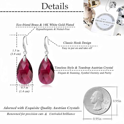 Austrian Crystal Teardrop Dangle Hook Earrings for Women 14K Gold Plated Hypoallergenic Jewelry - color: Fuchsia