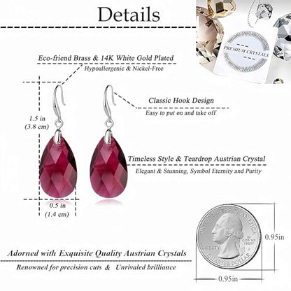 Austrian Crystal Teardrop Dangle Hook Earrings for Women 14K Gold Plated Hypoallergenic Jewelry - color: Fuchsia