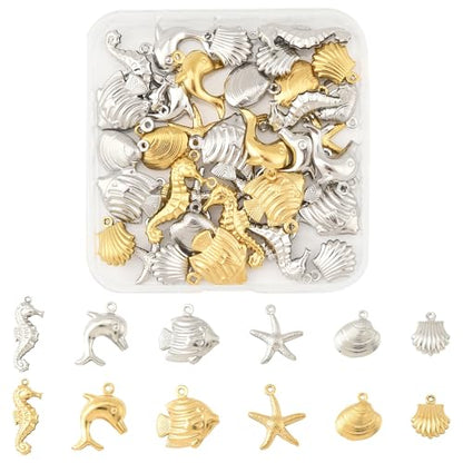 8-64Pcs Silver Goldern Color Heart Pendants Charms 10 Styles Heart Stainless Steel Metal Charms for Jewelry Making Crafting Necklaces Bracelets Earrings Keychains Birthday Gift - color: Marine Organism-36 pcs