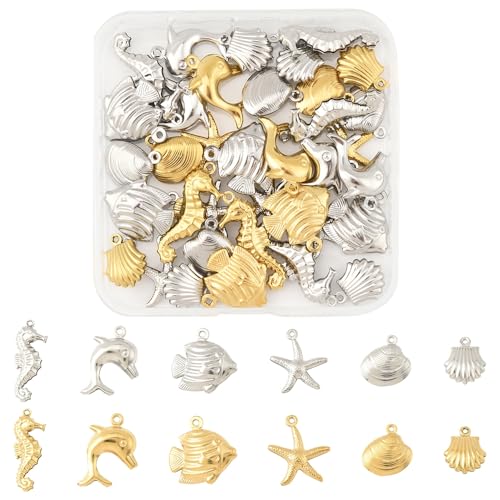 8-64Pcs Silver Goldern Color Heart Pendants Charms 10 Styles Heart Stainless Steel Metal Charms for Jewelry Making Crafting Necklaces Bracelets Earrings Keychains Birthday Gift - color: Marine Organism-36 pcs