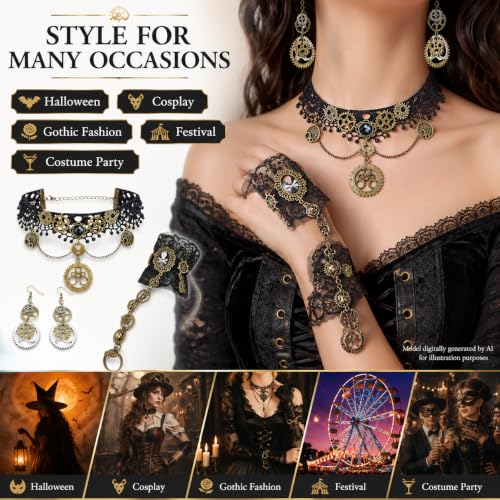 Steampunk Accessories Set Lace Choker Necklace Hand Chain Bracelet Earrings | Vintage Gothic Jewelry Gear Pendant Cosplay Costume Halloween Outfit Women Teen Festival Apparel Retro Victorian Style