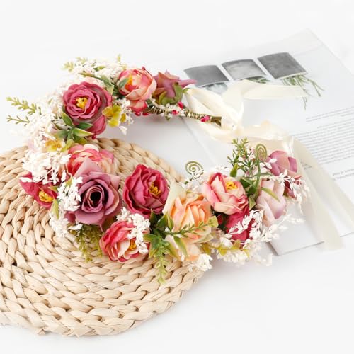 Rose Flower Crown Women Boho Flower Headband Hair Wreath Floral Headpiece with Ribbon Flower Leaves Crown for Wedding Festival Party Photos - color: Rose Flower Crown