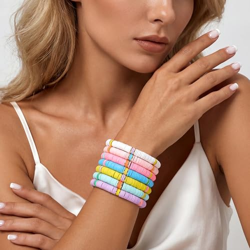 Summer Surfer Heishi Bracelet Set for Women Stackable Gold Plated Clay Ploymer Bead Stretch Pink Beach Layering Bracelets Jewelry - color: B-A5 cross 7pcs