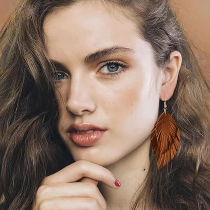 Handmade Bohemian Large Soft Genuine Leather Fringe Double Feather Dangle Drop Earrings Lightweight Simple Color PU Leaf Hook Earrings for Women - color: Brown