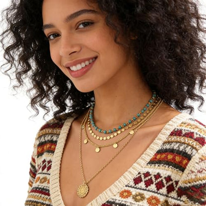 Gold Layered Necklace for Women Summer Boho Layered Stacked Pendant Necklace Country Concert Necklace Turquoise Coin Long Necklace - color: A