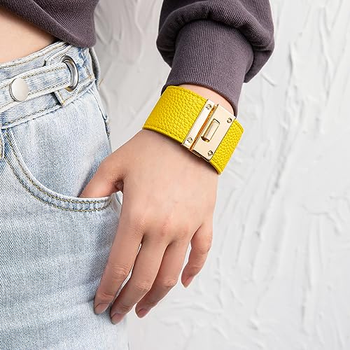 Rantanto Leather Wrap Bracelets For Women Gold Twist Lock Buckle Wrist Cuff | PU leather,Skin-friendly,Boho Stackable Wristband,Fashion Daily Jewelry,Trend Casual Party Bangle,Fit For Birthday, Holiday - color: Wide Yellow
