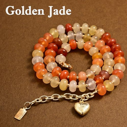 Boho Gemstone Beaded Necklace for Women – Colorful Natural Stone Choker 18K Solid Heart-Shaped Pendant, Summer Beach Jewelry - color: Golden Jade