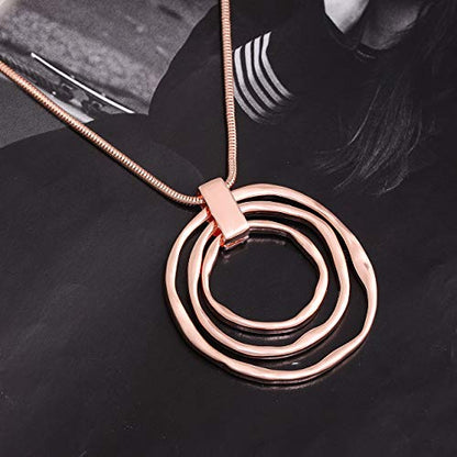 NVENF Long Sweater Chain Double Circle Pendant Necklace Bold Snake Chain Women Statement Necklace - color: F Rose Gold Triple