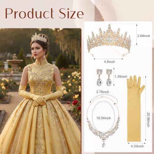 Tondiamo Bridal Jewelry Accessories Set Wedding Crystal Tiaras Crown Teardrop Necklace Earrings Satin Gloves for Women Queen Princess Birthday Prom Pageant Wedding Party - color: Gold
