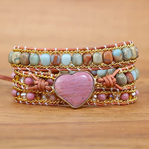Women Wrap Bracelet Boho Natural Jasper Crystal Stone Beads Strand Bracelets - color: Style 13-Rhodochrosite