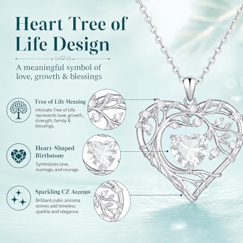 Gamtic Tree of Life Birthstone Pendant Necklace - Heart Cubic Zirconia Diamond Necklace Birth Month Necklaces Birthday Gift for Her Wife Mom Daughter Grandma Girlfriend Anniversary Jewelry Gift - style: April