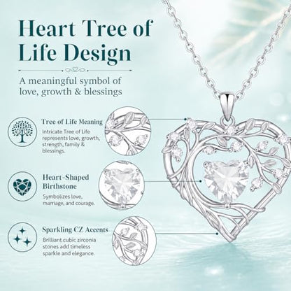 Gamtic Tree of Life Birthstone Pendant Necklace - Heart Cubic Zirconia Diamond Necklace Birth Month Necklaces Birthday Gift for Her Wife Mom Daughter Grandma Girlfriend Anniversary Jewelry Gift - style: April