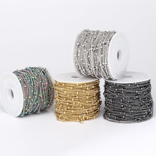33FT 2mm Stainless Steel Satellite Curb Chains Roll Bulk for Jewelry Making | 304 Stainless Steel Ball Beaded Twisted Link Satellite Chain Spool for DIY Craft - color: Stainless Steel Small Beads Satellite Curb Chain