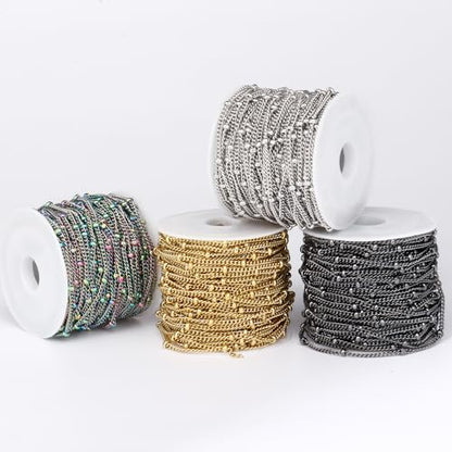 33FT 2mm Stainless Steel Satellite Curb Chains Roll Bulk for Jewelry Making | 304 Stainless Steel Ball Beaded Twisted Link Satellite Chain Spool for DIY Craft - color: Stainless Steel Small Beads Satellite Curb Chain