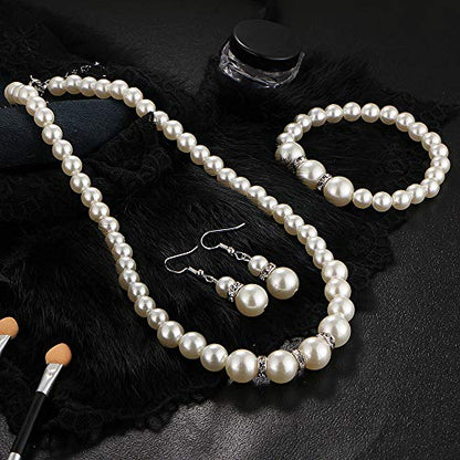 CSIYANJRY99 Pearl Necklace and Earring Set Faux Pearl Jewelry Sets for Women Imitation Beaded Pearl Necklace Bracelet Stud Earrings for Women - color: Pearl Jewelry Sets